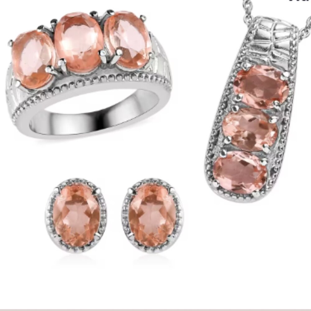 3 Piece Set - Morganique Quartz (Triplet) 10.75 ctw Stud Earrings, Ring …